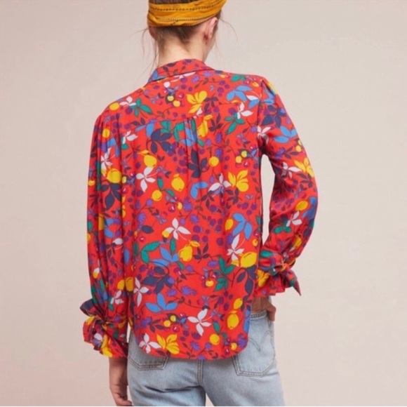 Anthropologie Maeve Button Up Blithe Blouse Fruit Lemons Red Top Size 8 - Picture 2 of 10